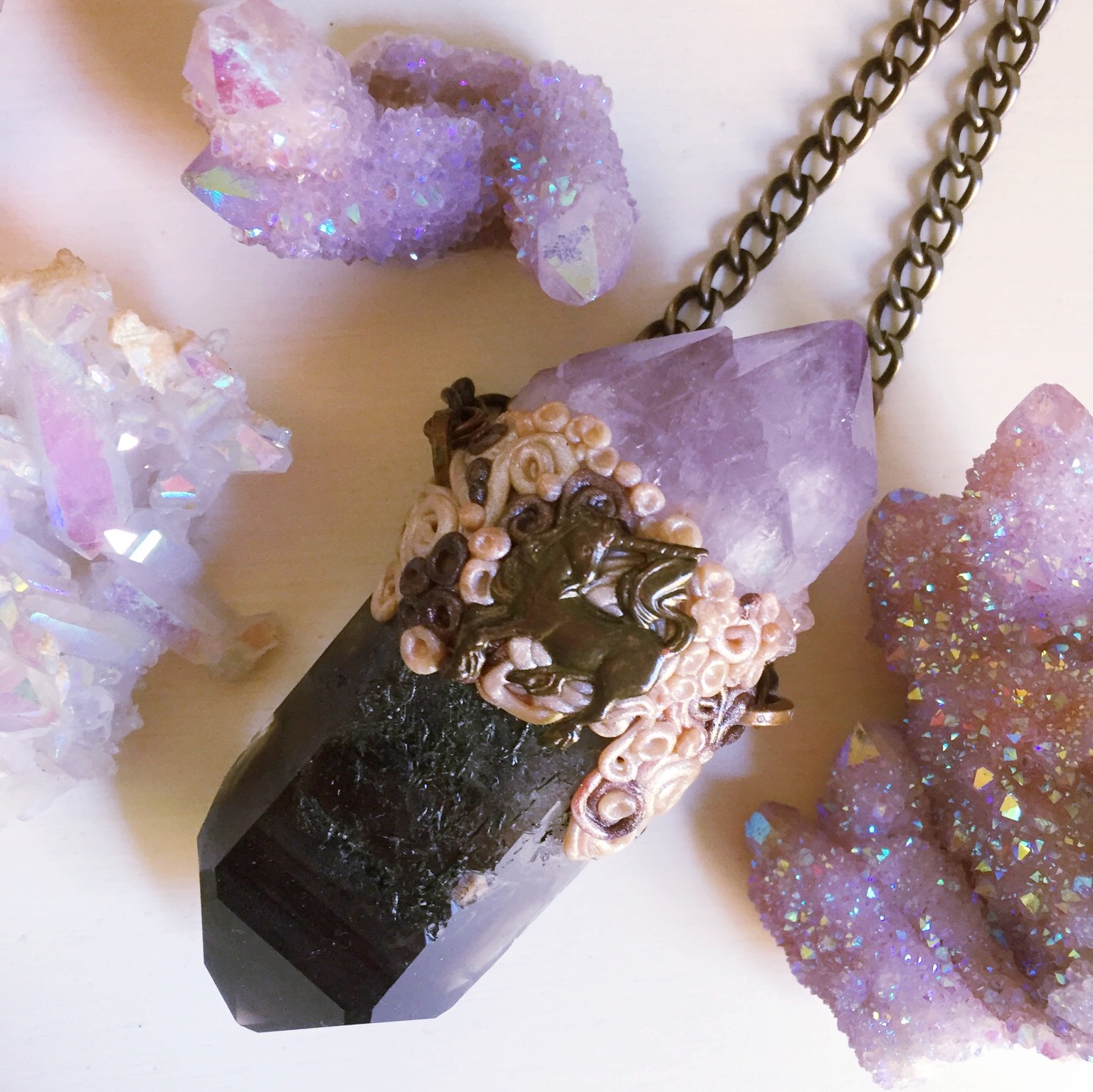 smoky quartz amethyst unicorn necklace crystal